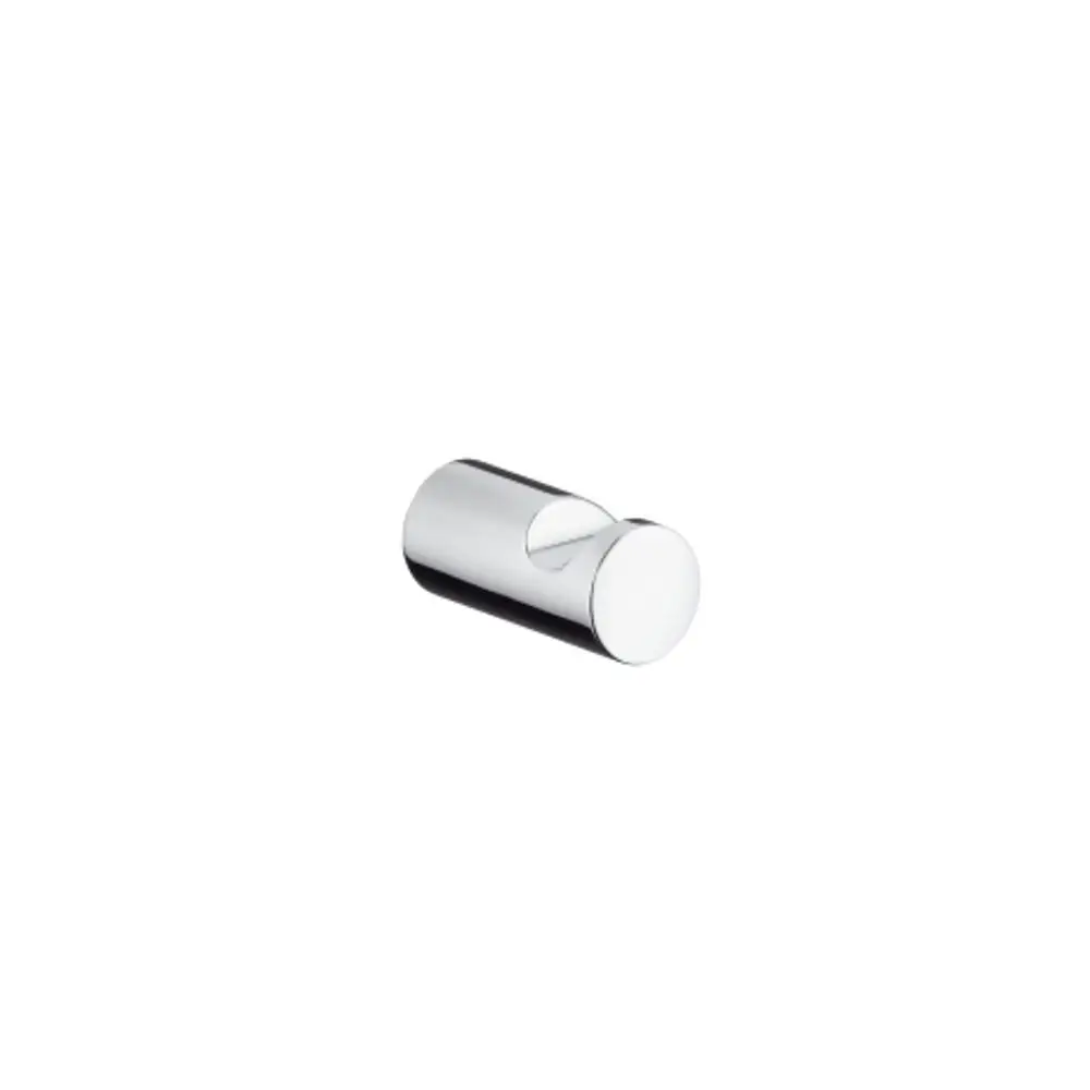Futuristischer Handtuchhaken aus verchromtem Metall, entworfen von Hansgrohe. Der Haken hat eine zylindrische Form mit einer halbmondförmigen Aussparung.